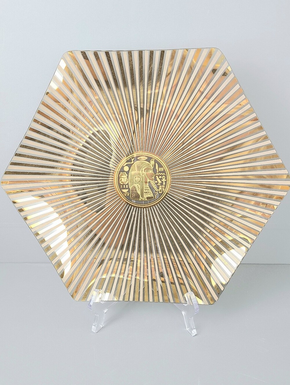 Georges Briard Signed MCM Gold Striped Hexagonal Egyptian Vintage Glass Plate